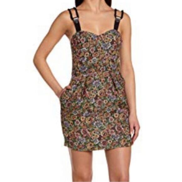 BCBGeneration Floral Brocade Bustier Mini Dress Faux Leather Straps Size 4 NWT - Picture 1 of 11